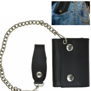 1 Black Genuine Leather Men Wallet Trifold Metal Chain Biker Trucker Motorcycle