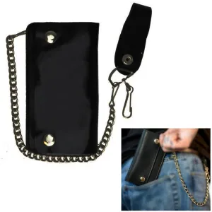 1 X Black Genuine Leather Men Wallet Bifold Metal Chain Biker Trucker Motorcycle