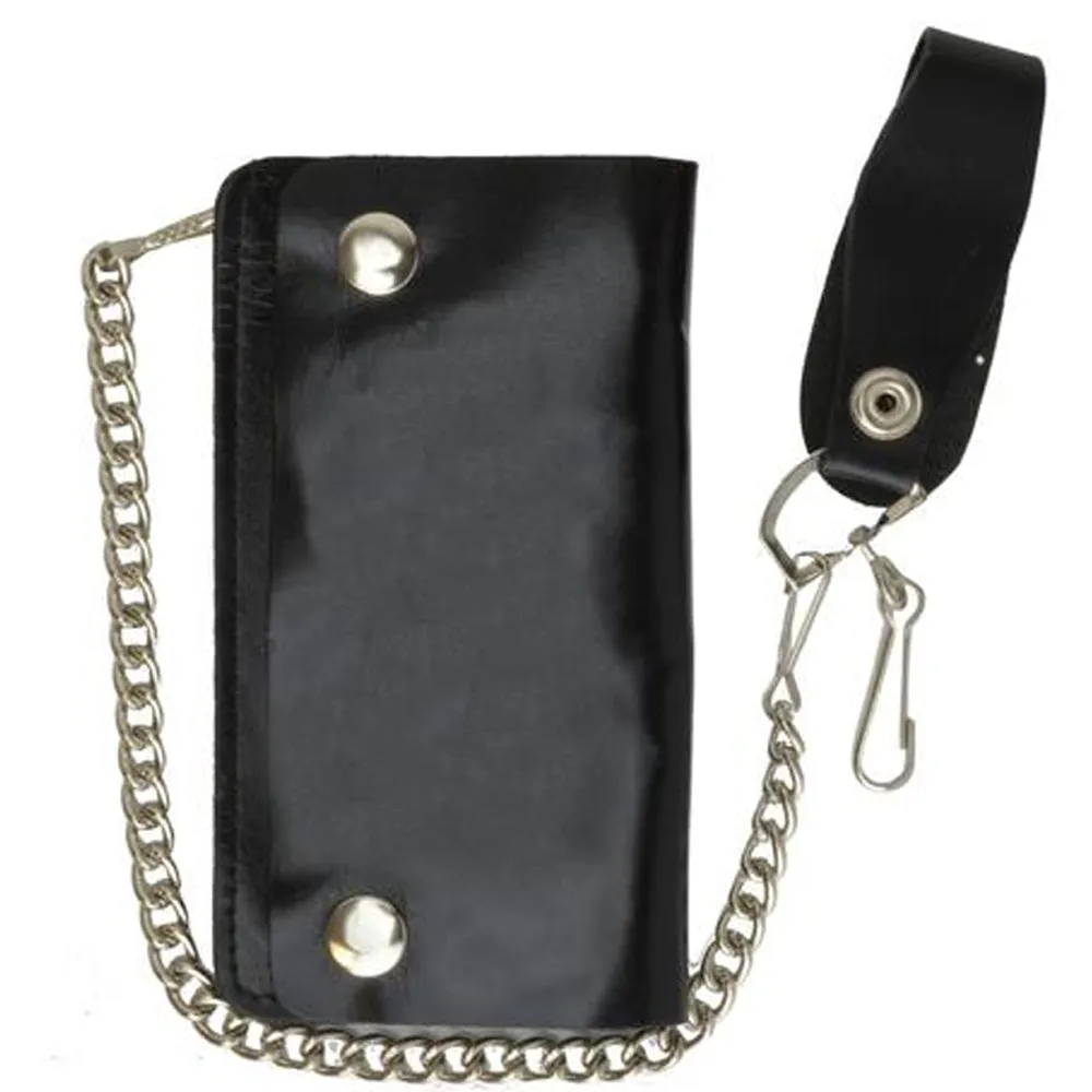 1 X Black Genuine Leather Men Wallet Bifold Metal Chain Biker Trucker Motorcycle