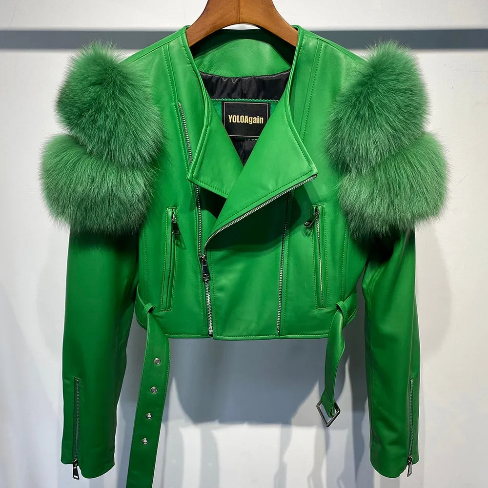 Fox Fur Sleeve Leather Biker Jacket