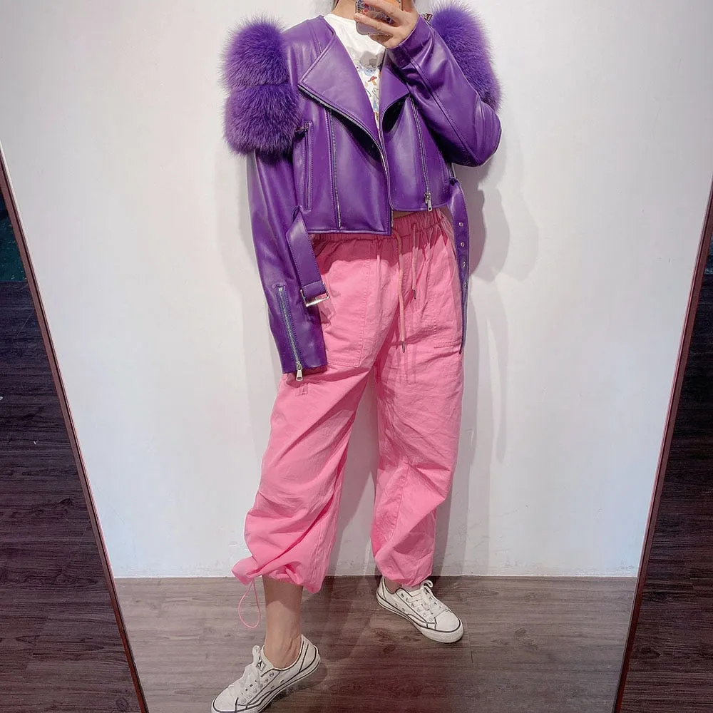Fox Fur Sleeve Leather Biker Jacket