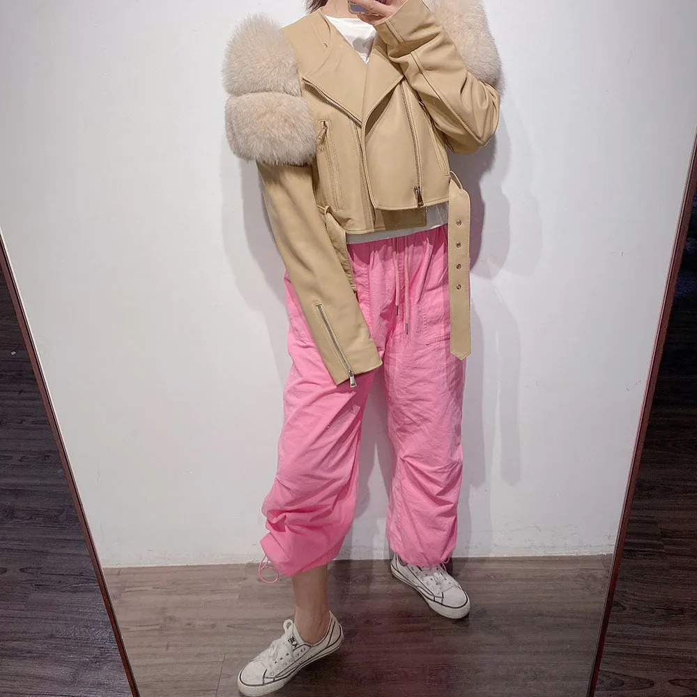 Fox Fur Sleeve Leather Biker Jacket