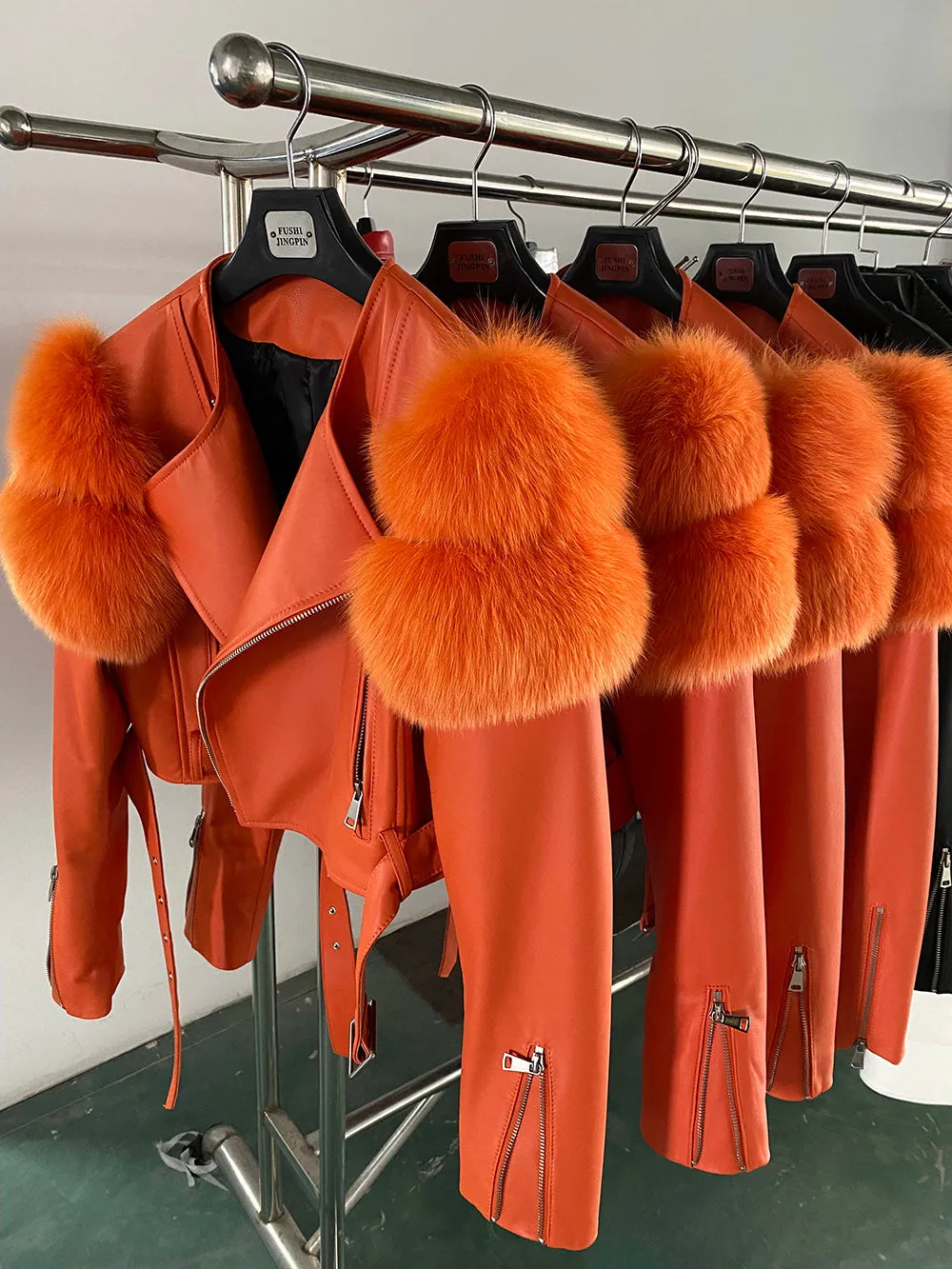 Fox Fur Sleeve Leather Biker Jacket