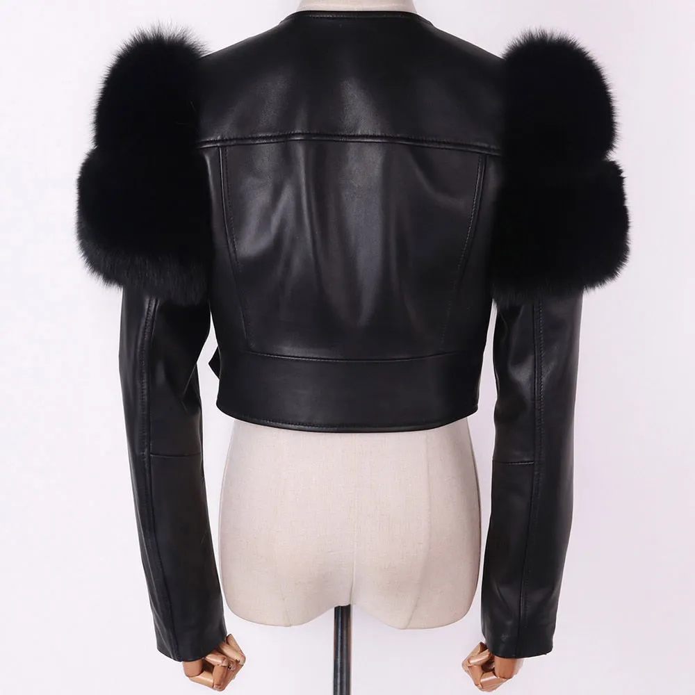 Fox Fur Sleeve Leather Biker Jacket