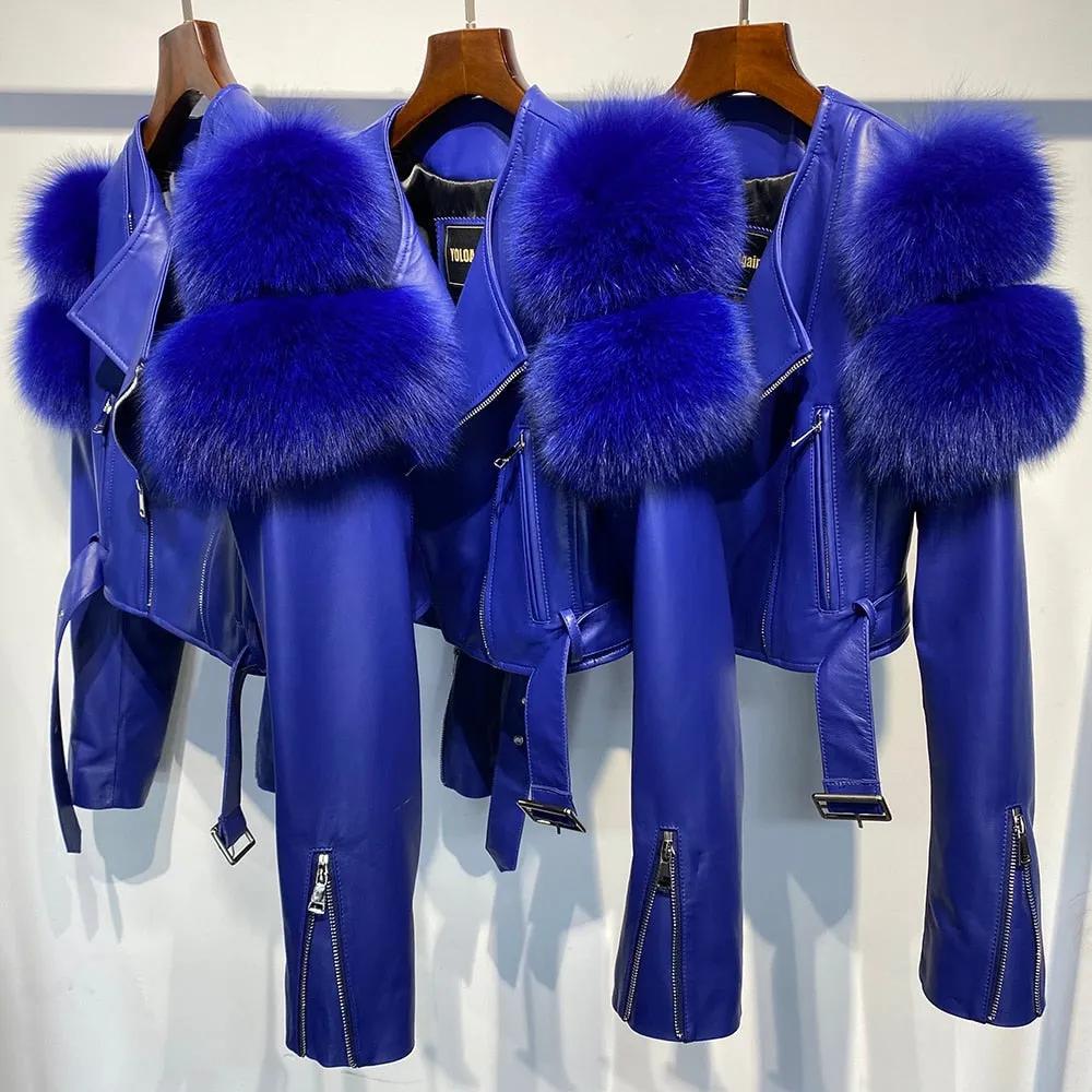 Fox Fur Sleeve Leather Biker Jacket