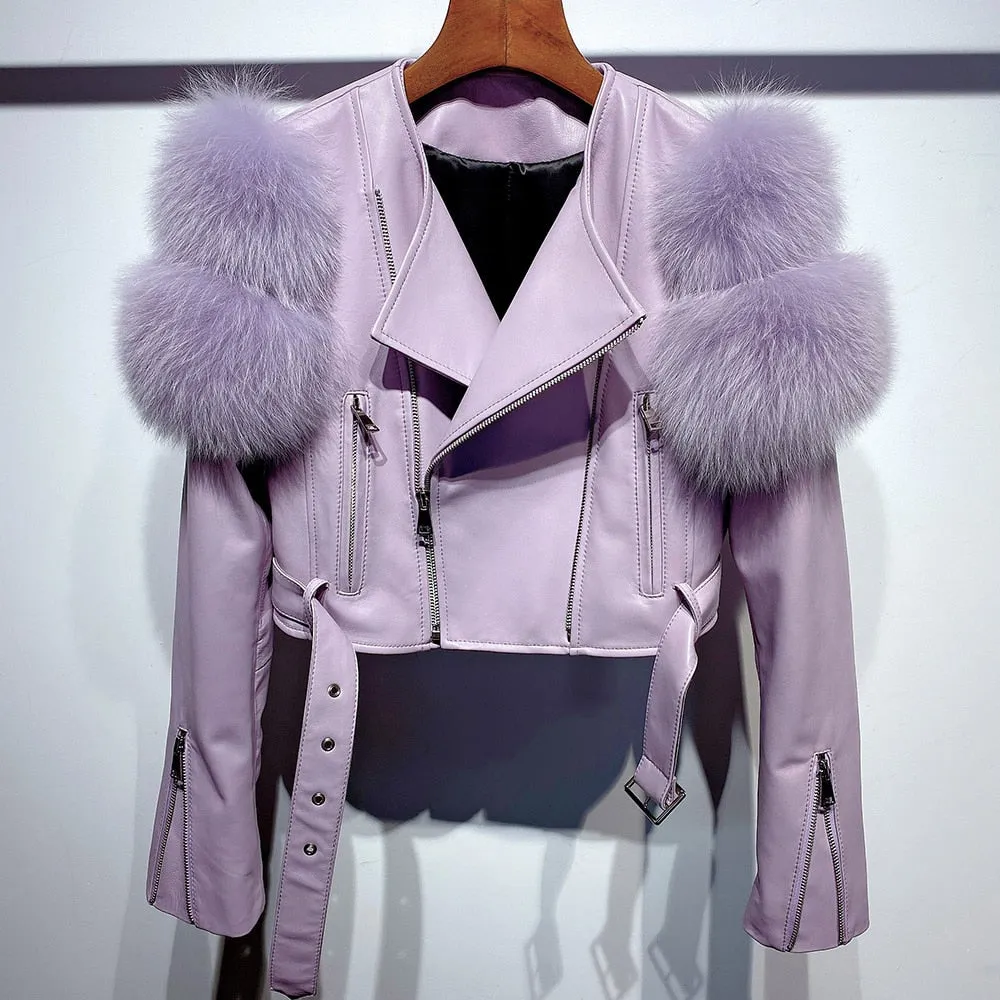 Fox Fur Sleeve Leather Biker Jacket