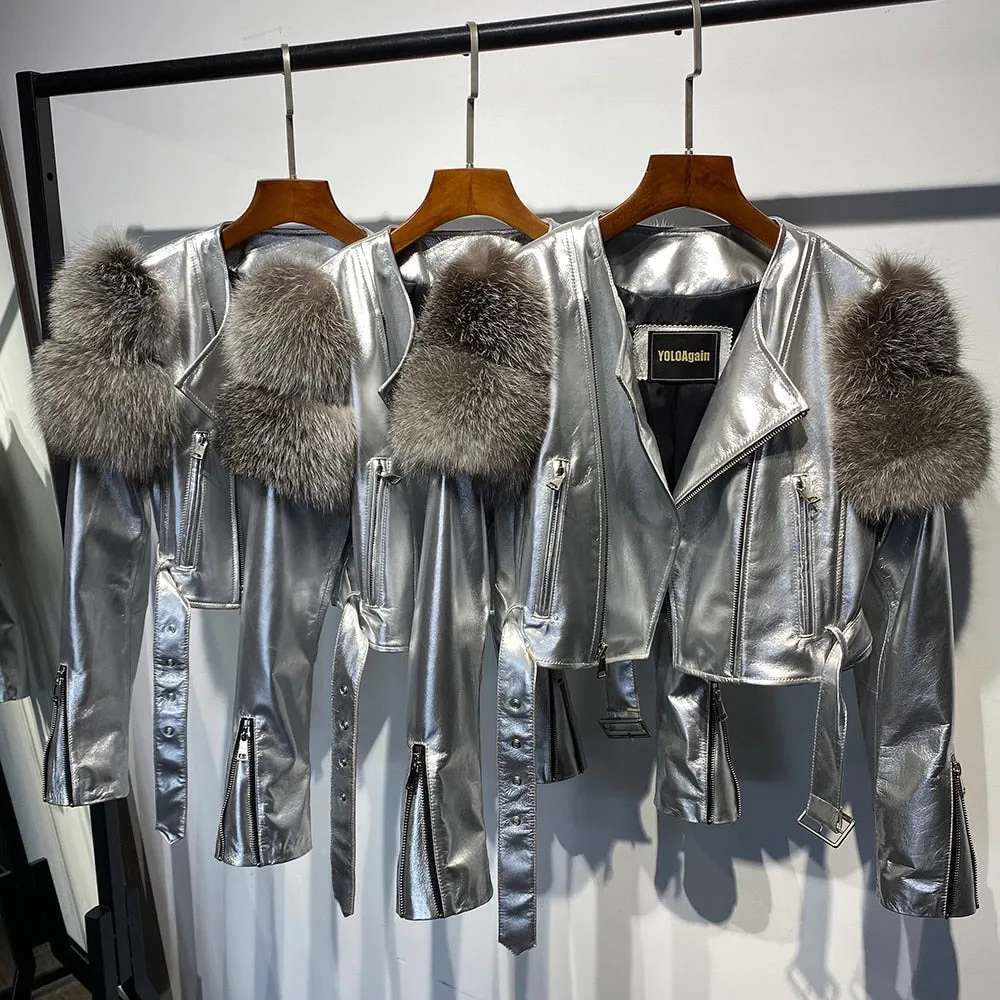 Fox Fur Sleeve Leather Biker Jacket