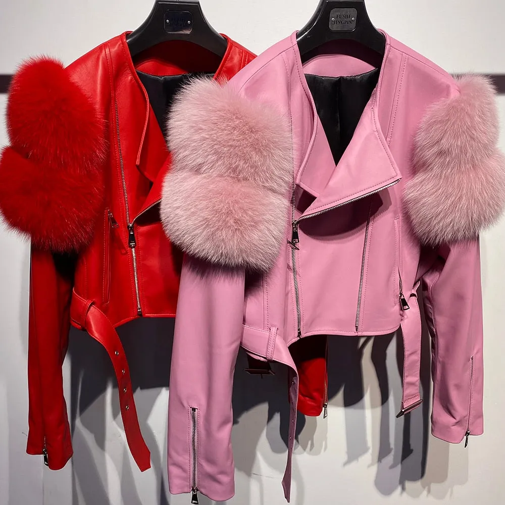 Fox Fur Sleeve Leather Biker Jacket