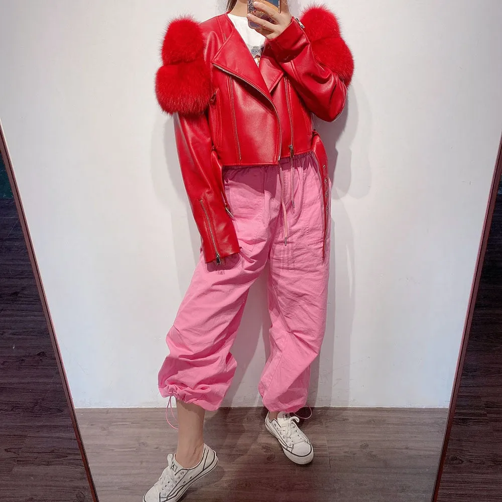 Fox Fur Sleeve Leather Biker Jacket