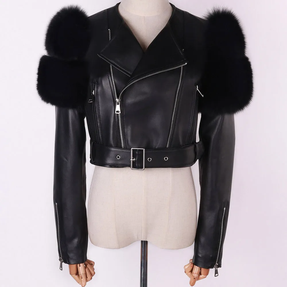 Fox Fur Sleeve Leather Biker Jacket