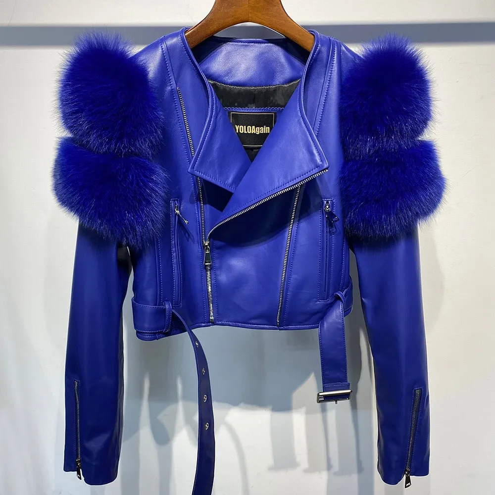 Fox Fur Sleeve Leather Biker Jacket