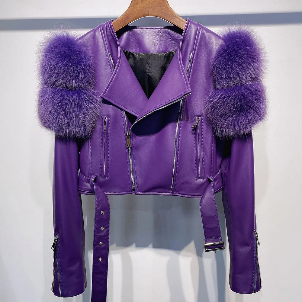 Fox Fur Sleeve Leather Biker Jacket