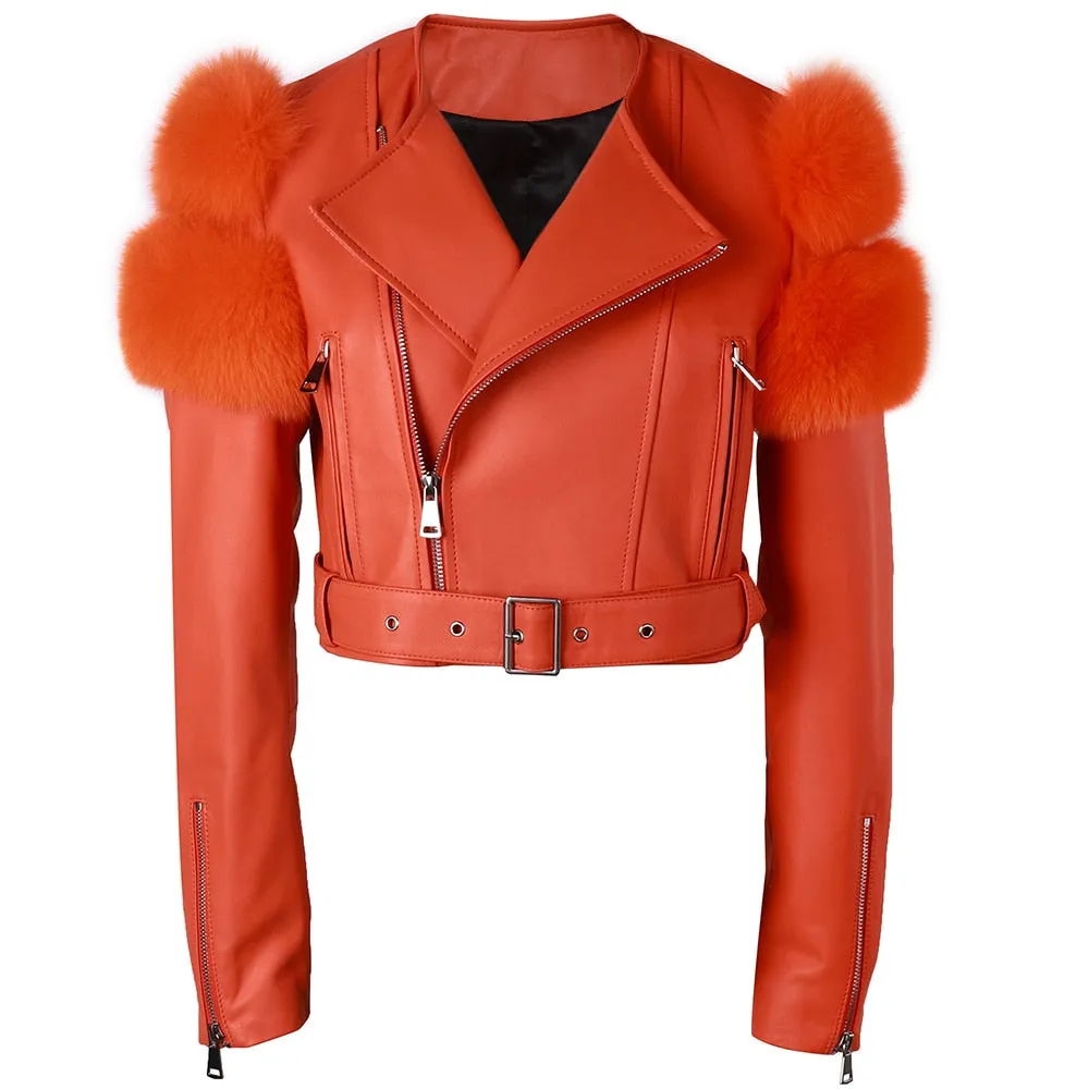 Fox Fur Sleeve Leather Biker Jacket