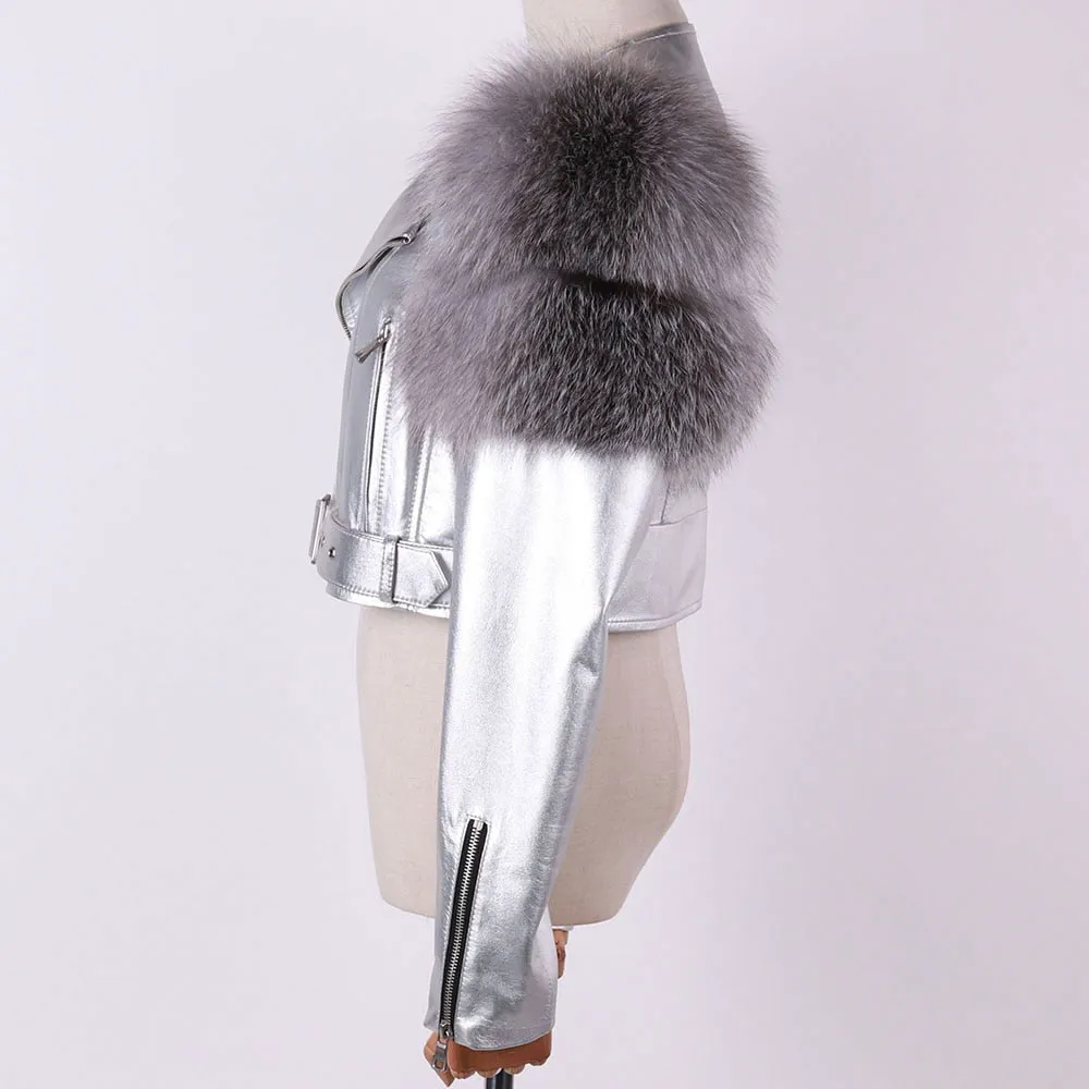 Fox Fur Sleeve Leather Biker Jacket