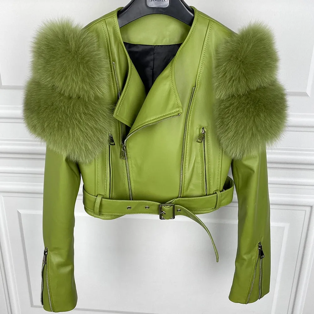 Fox Fur Sleeve Leather Biker Jacket