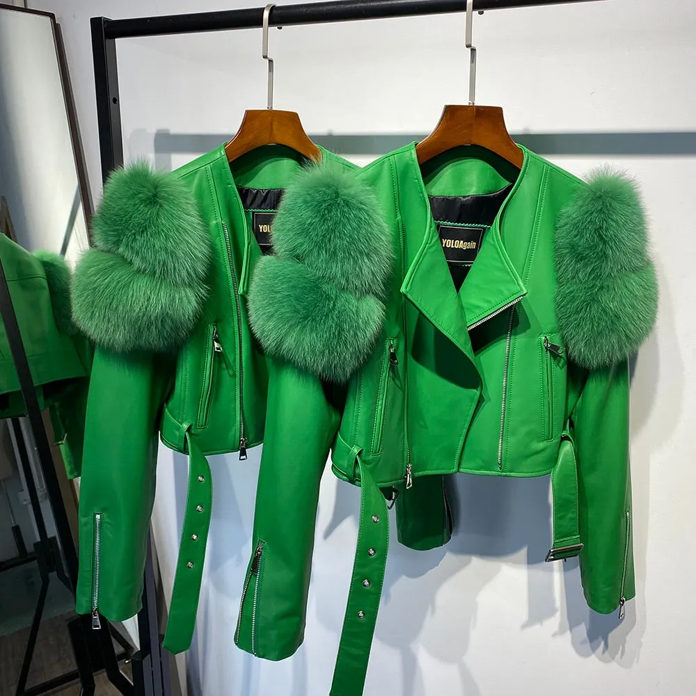Fox Fur Sleeve Leather Biker Jacket