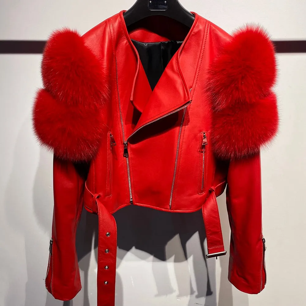 Fox Fur Sleeve Leather Biker Jacket