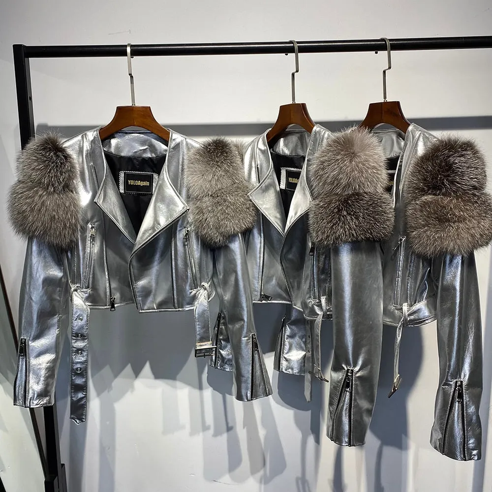 Fox Fur Sleeve Leather Biker Jacket