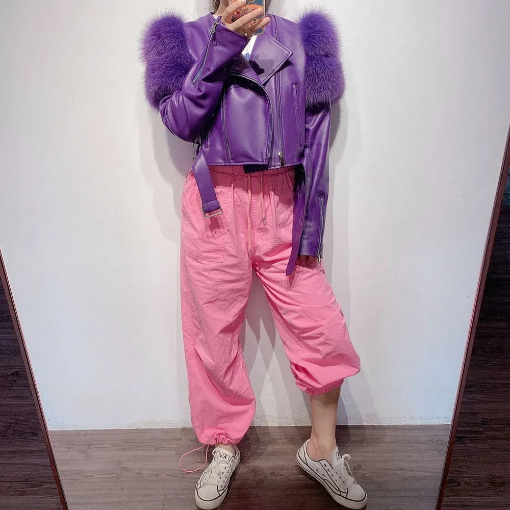 Fox Fur Sleeve Leather Biker Jacket