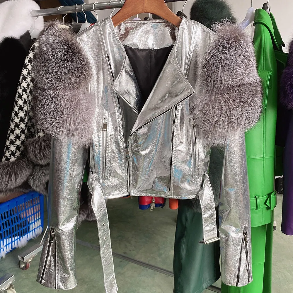 Fox Fur Sleeve Leather Biker Jacket
