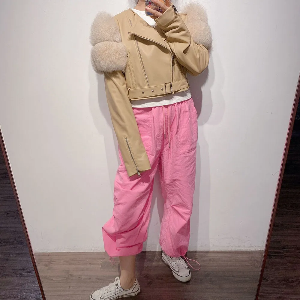 Fox Fur Sleeve Leather Biker Jacket