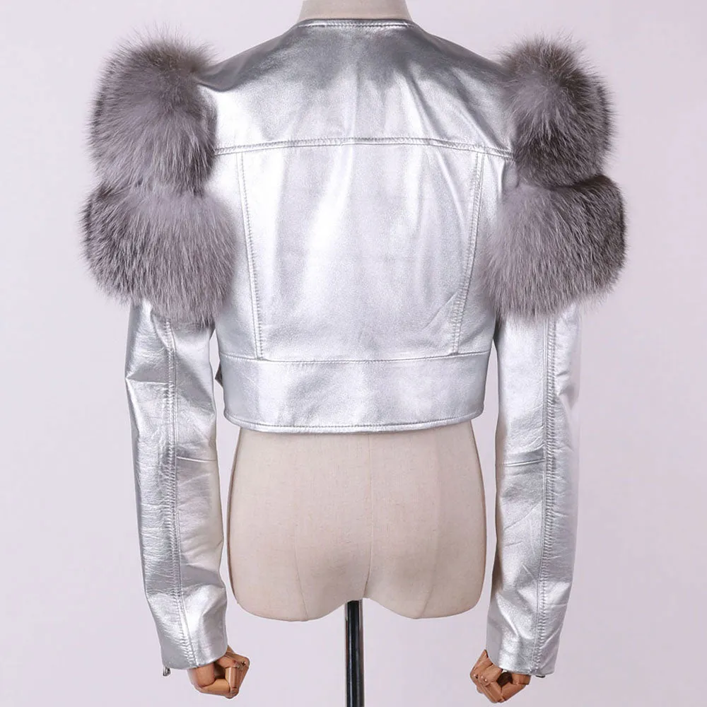 Fox Fur Sleeve Leather Biker Jacket