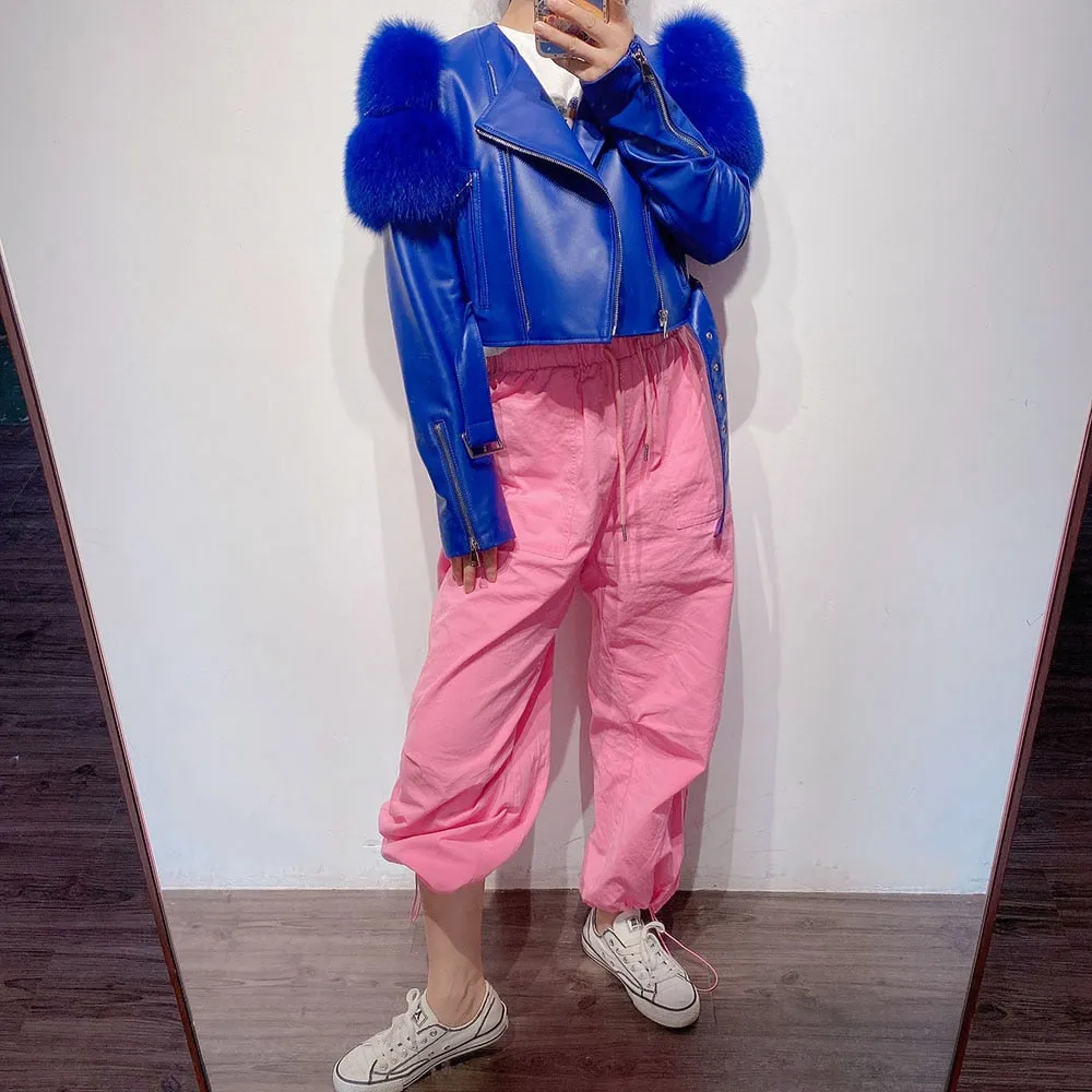 Fox Fur Sleeve Leather Biker Jacket