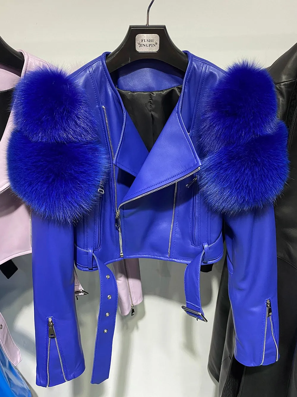 Fox Fur Sleeve Leather Biker Jacket