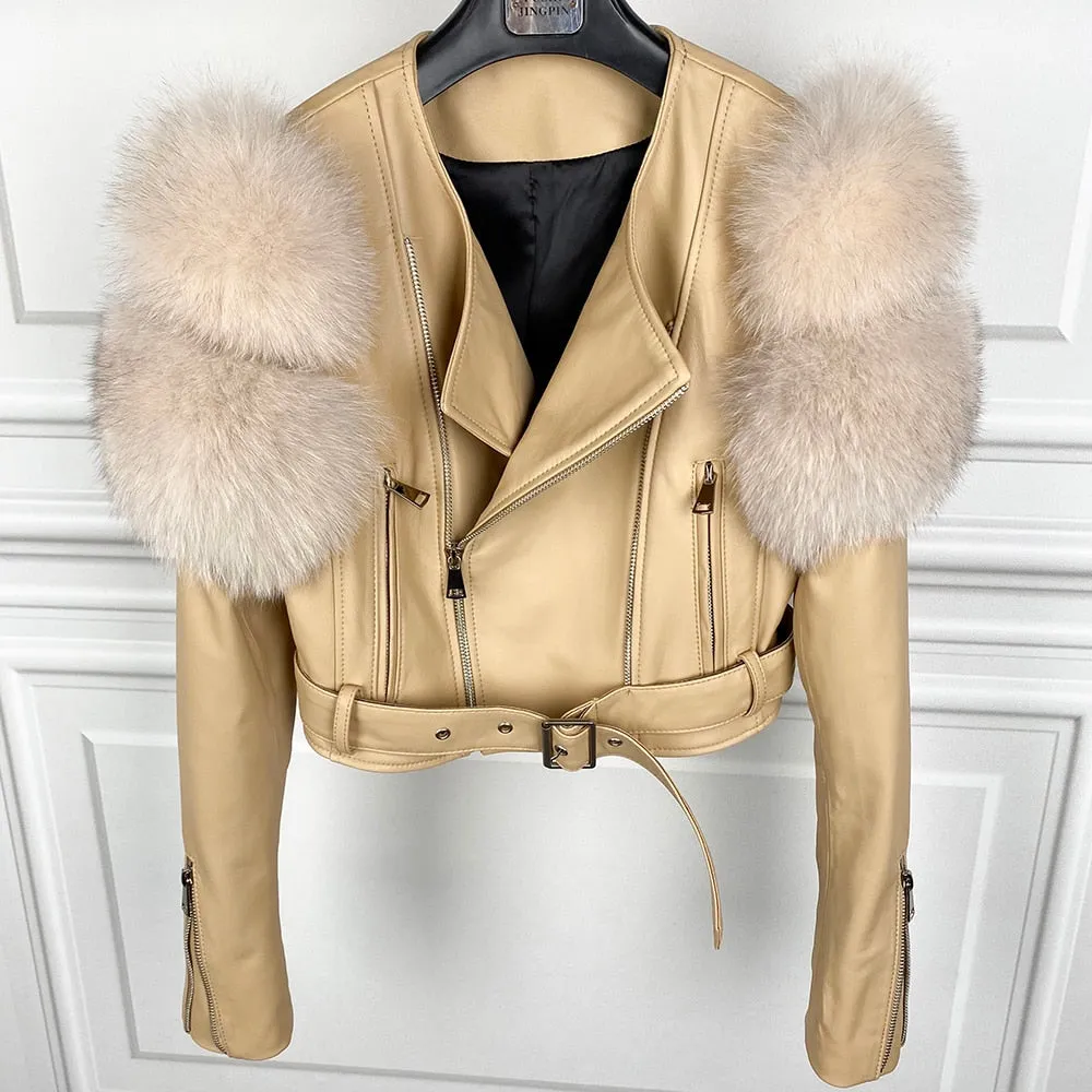 Fox Fur Sleeve Leather Biker Jacket