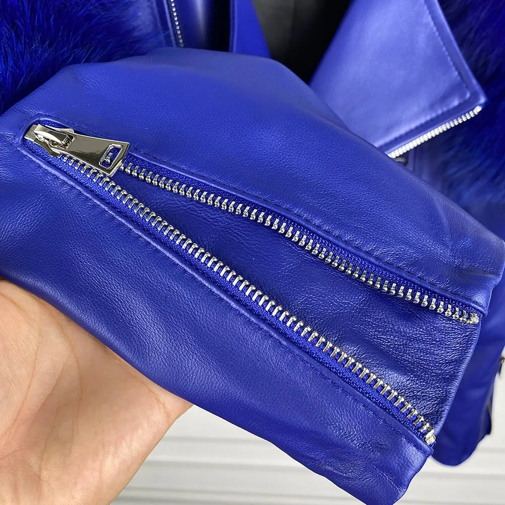 Fox Fur Sleeve Leather Biker Jacket
