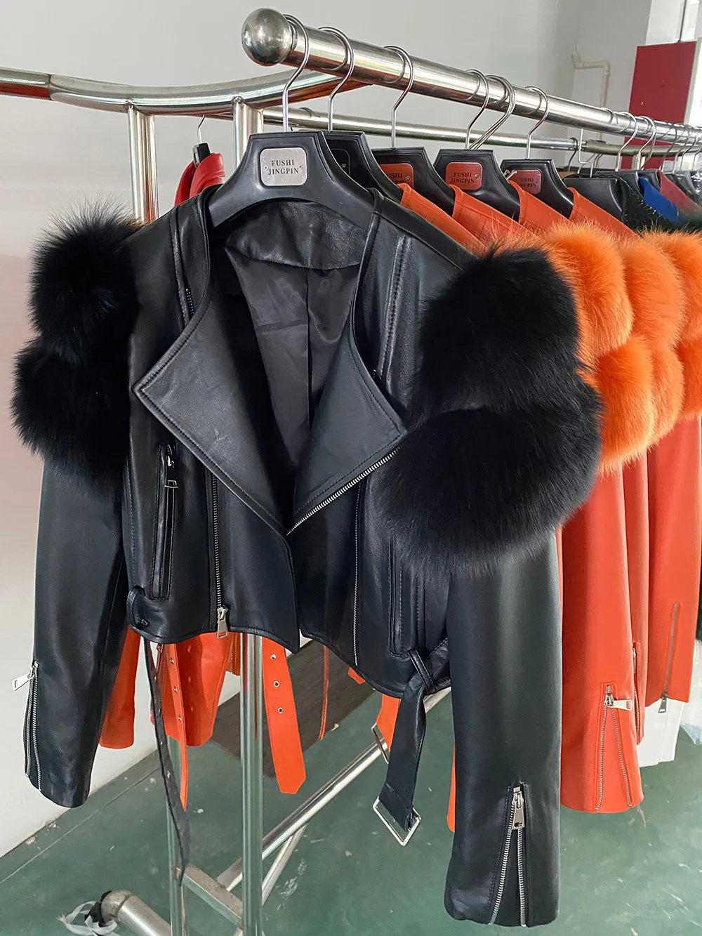 Fox Fur Sleeve Leather Biker Jacket