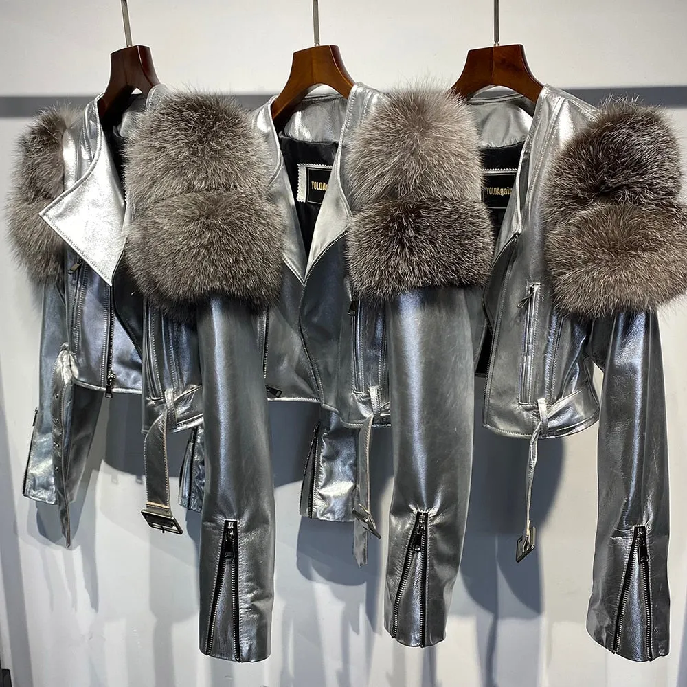Fox Fur Sleeve Leather Biker Jacket