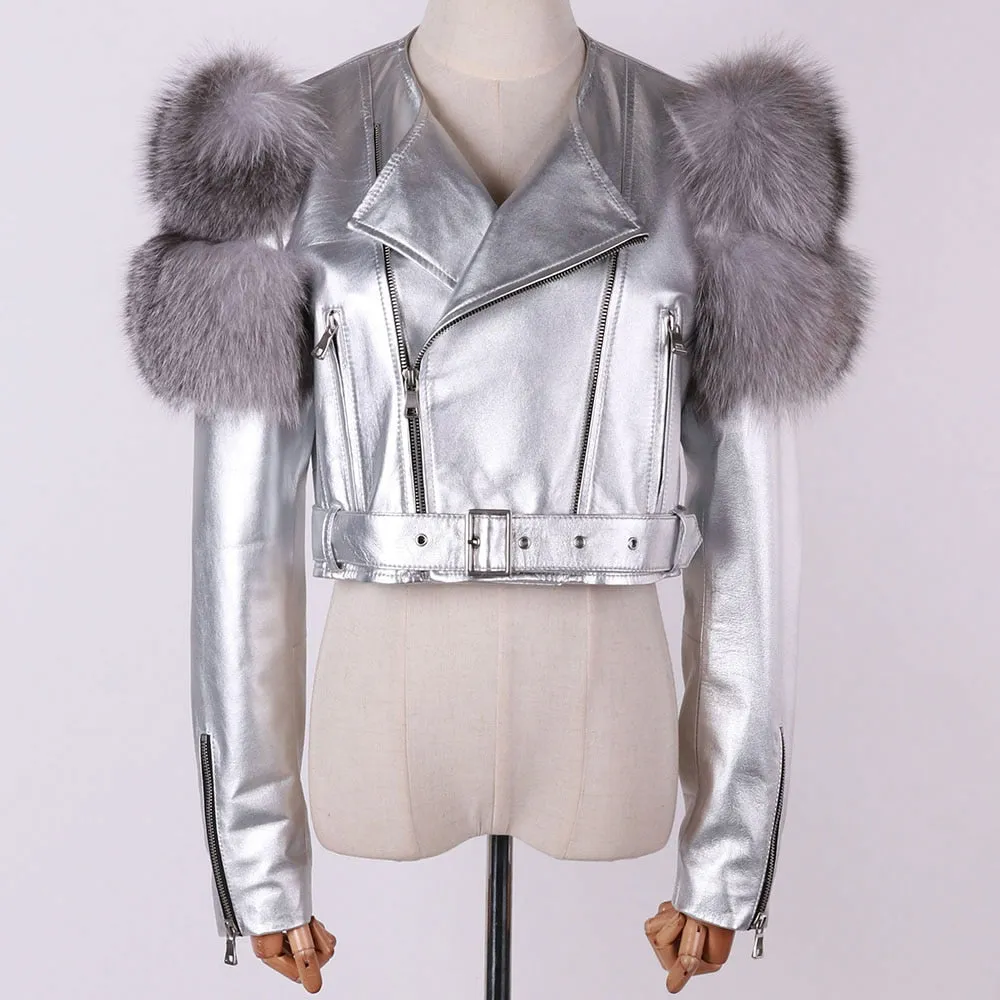 Fox Fur Sleeve Leather Biker Jacket