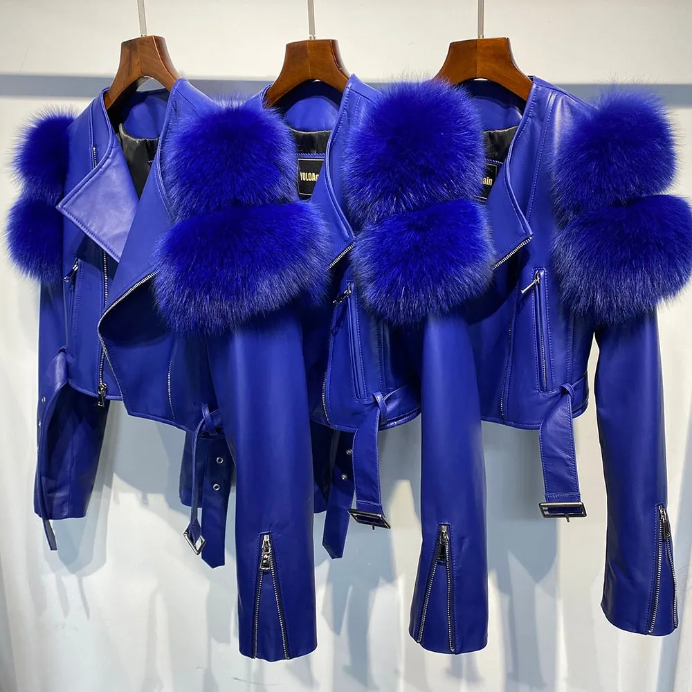 Fox Fur Sleeve Leather Biker Jacket