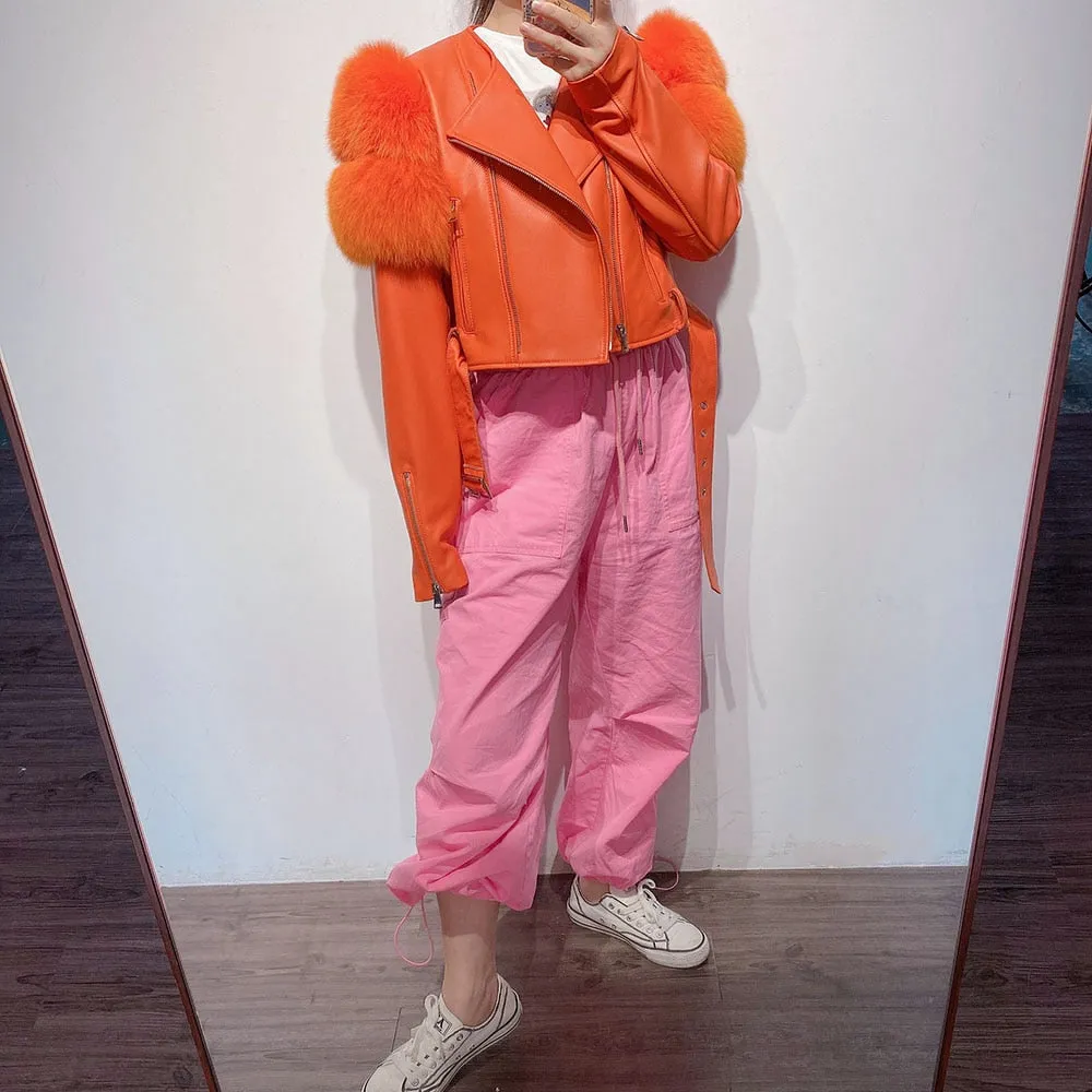 Fox Fur Sleeve Leather Biker Jacket