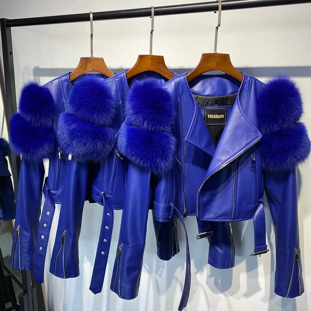 Fox Fur Sleeve Leather Biker Jacket