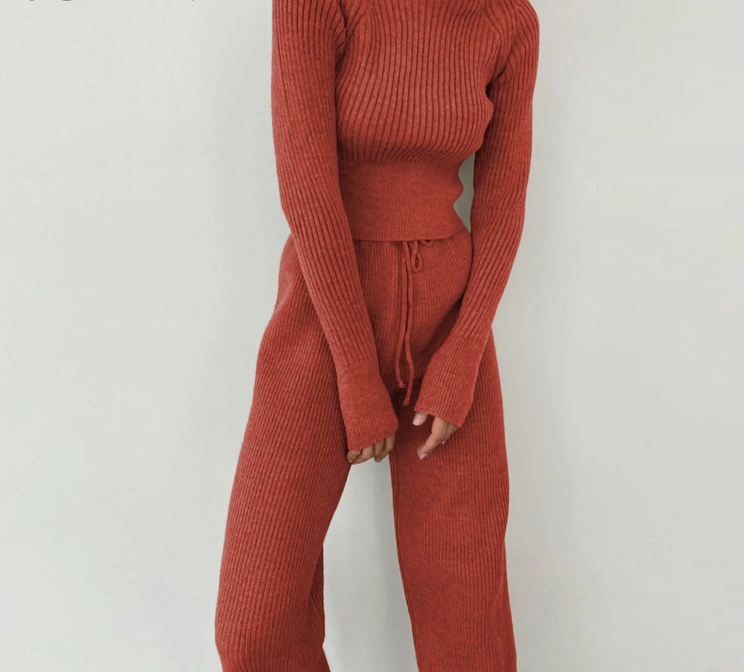 Joskaa 2024 Women Set Sweater Top Long Sleeve And Biker Pants Autumn Winter White Casual Two Piece Set Warm Outfits Knitted