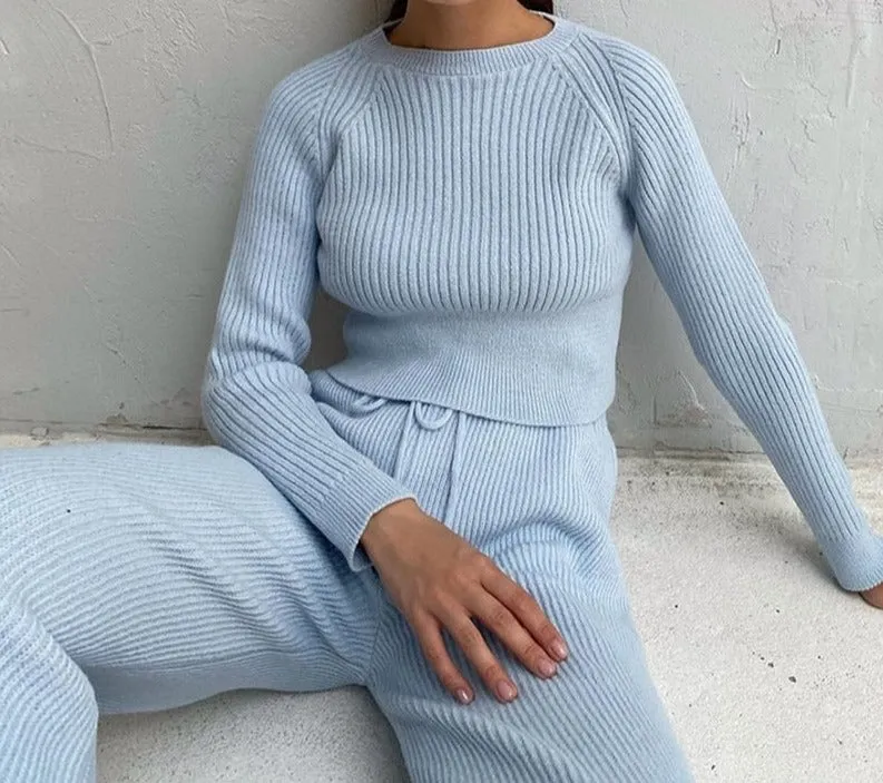 Joskaa 2024 Women Set Sweater Top Long Sleeve And Biker Pants Autumn Winter White Casual Two Piece Set Warm Outfits Knitted