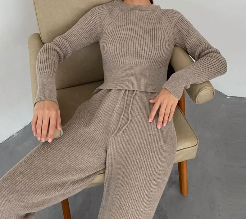 Joskaa 2024 Women Set Sweater Top Long Sleeve And Biker Pants Autumn Winter White Casual Two Piece Set Warm Outfits Knitted