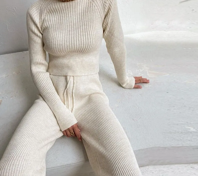 Joskaa 2024 Women Set Sweater Top Long Sleeve And Biker Pants Autumn Winter White Casual Two Piece Set Warm Outfits Knitted
