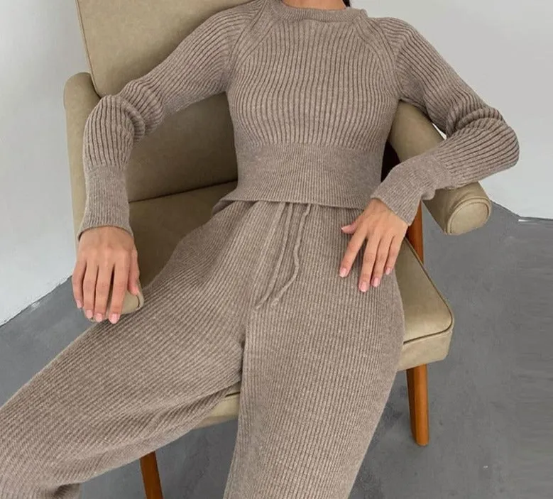 Joskaa 2024 Women Set Sweater Top Long Sleeve And Biker Pants Autumn Winter White Casual Two Piece Set Warm Outfits Knitted