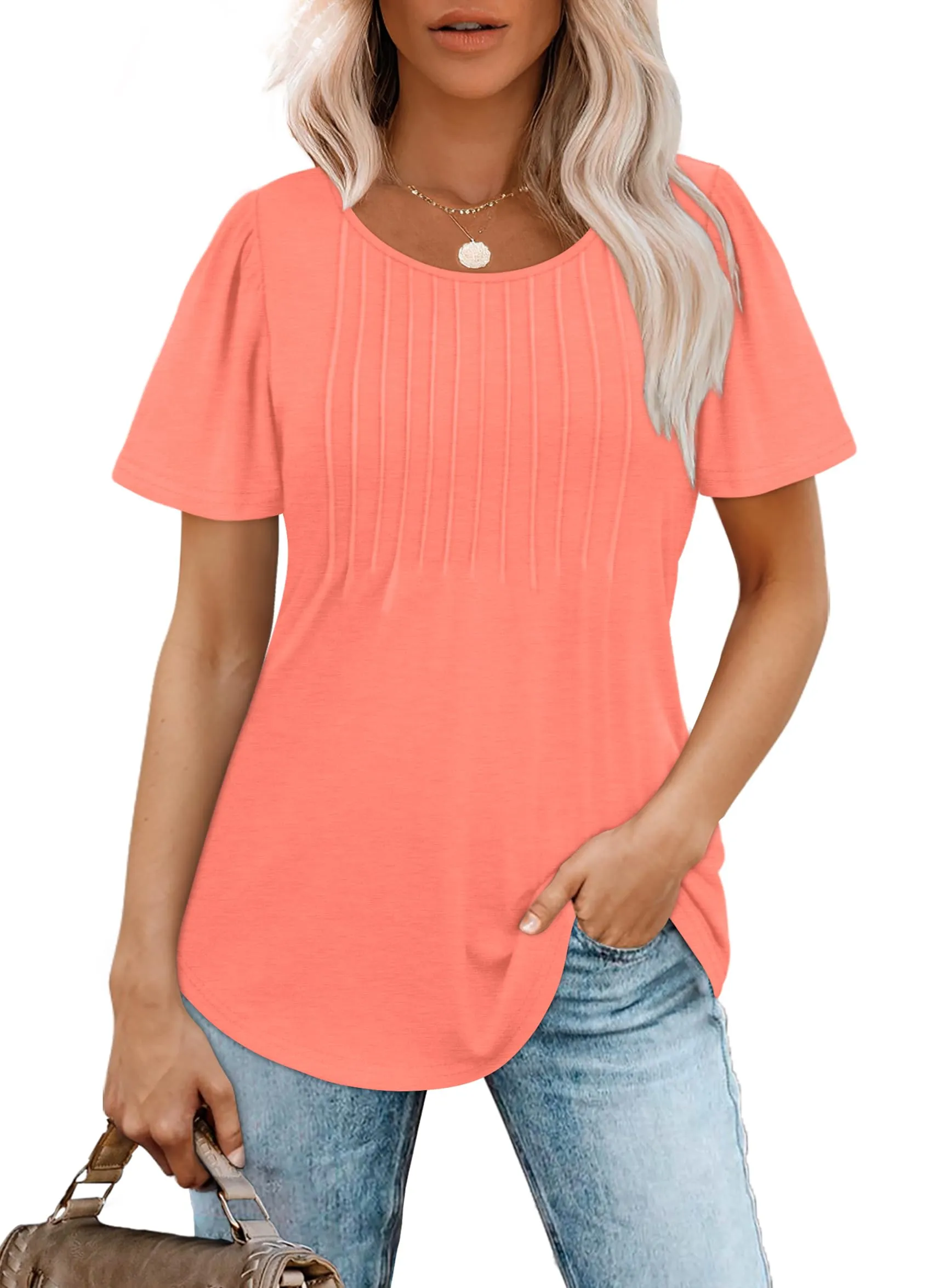 Summer Tops for Women Puff Short Sleeve Loose Fit Scooped Neck T Shirts Beach Fashion Coral M