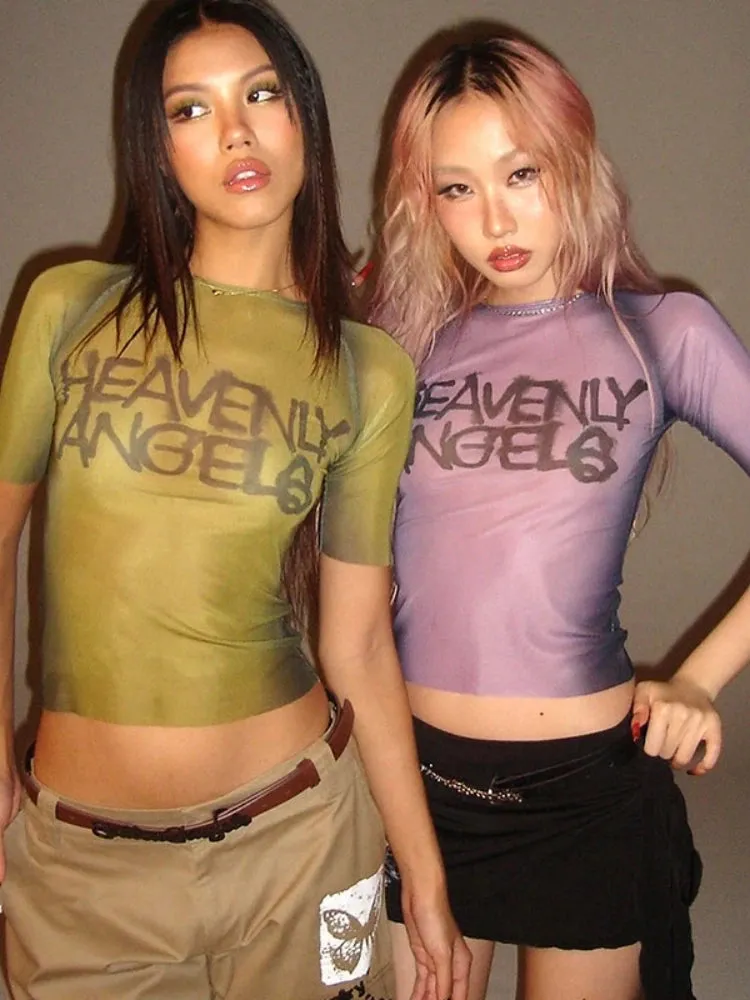 Y2K Letter Print Sheer Mesh Tee