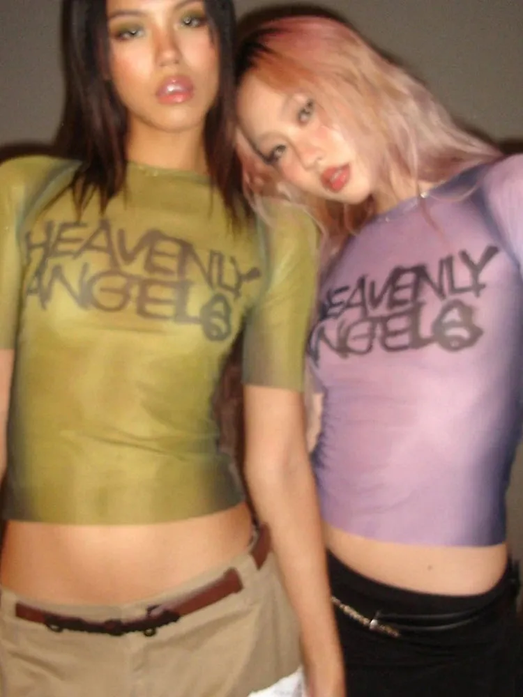 Y2K Letter Print Sheer Mesh Tee